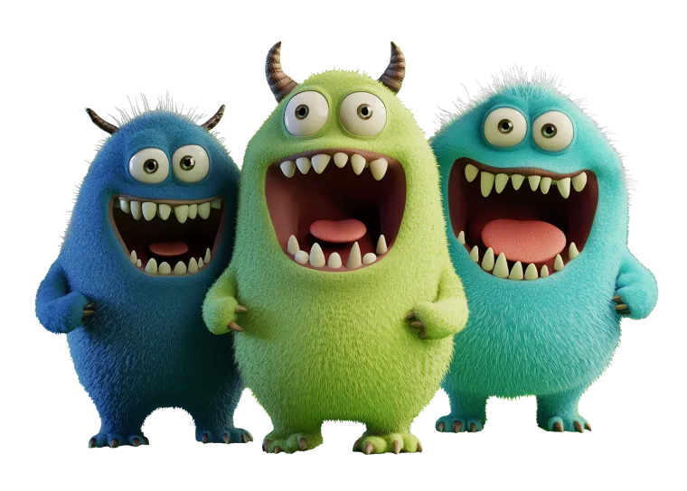 The Group Thing monsters: three furry, grinning creatures in blue, lime green and teal
