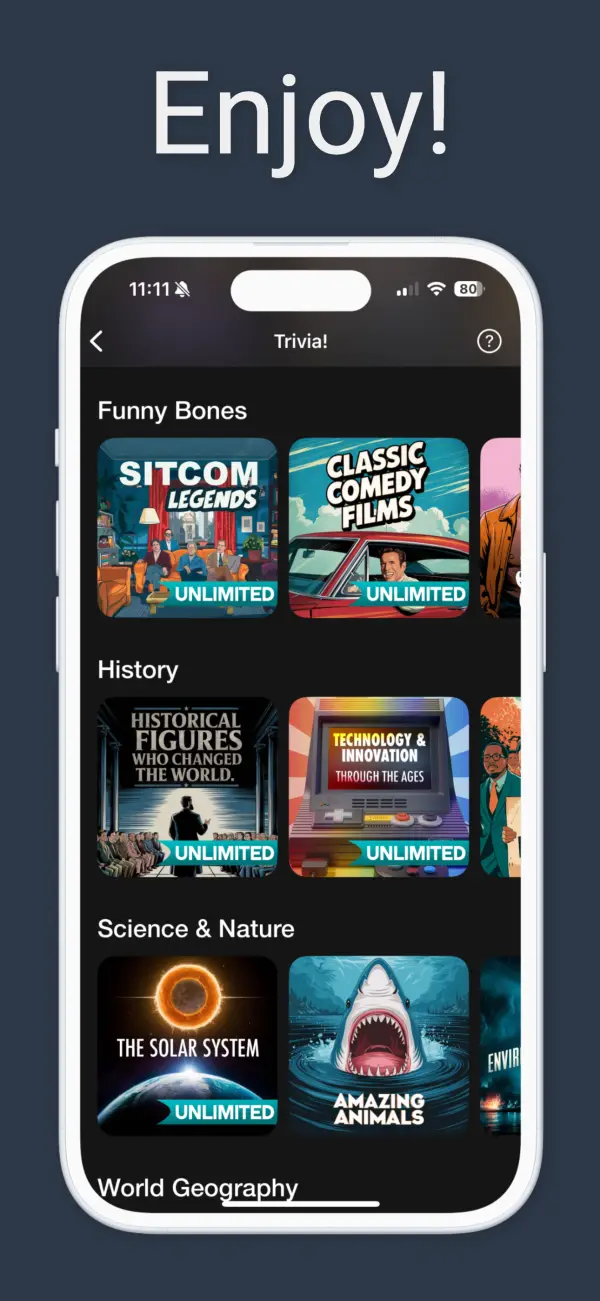 Enjoy! Trivia collections including Funny Bones, History and Science and Nature