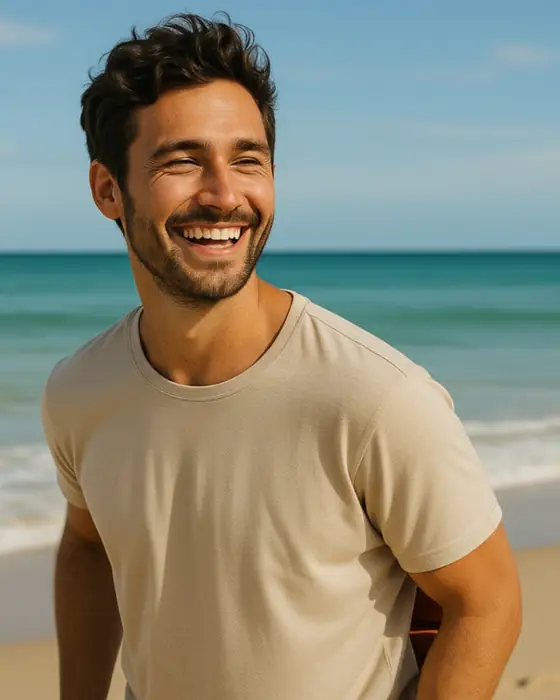 After: the same man on the same beach, alone