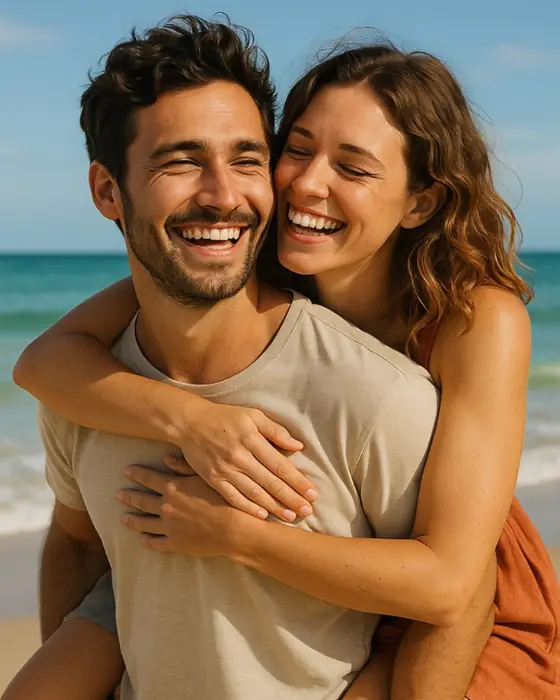 Before: a man on the beach giving a laughing woman a piggyback ride