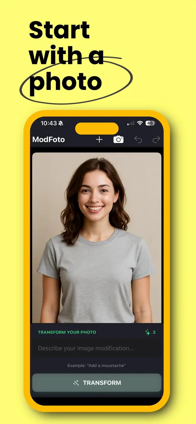 Start with a photo: a woman in a gray T-shirt loaded in Mod Foto