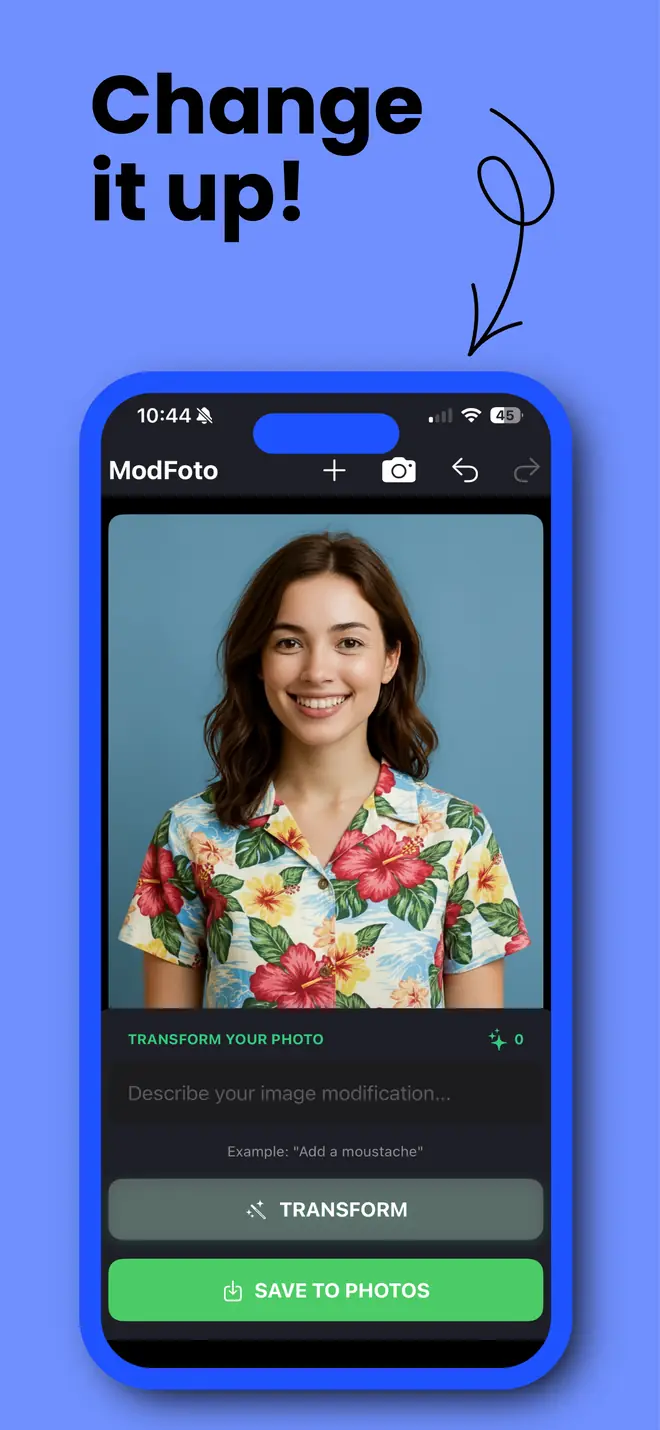 Change it up: the same woman now in a Hawaiian shirt, with Save to Photos ready