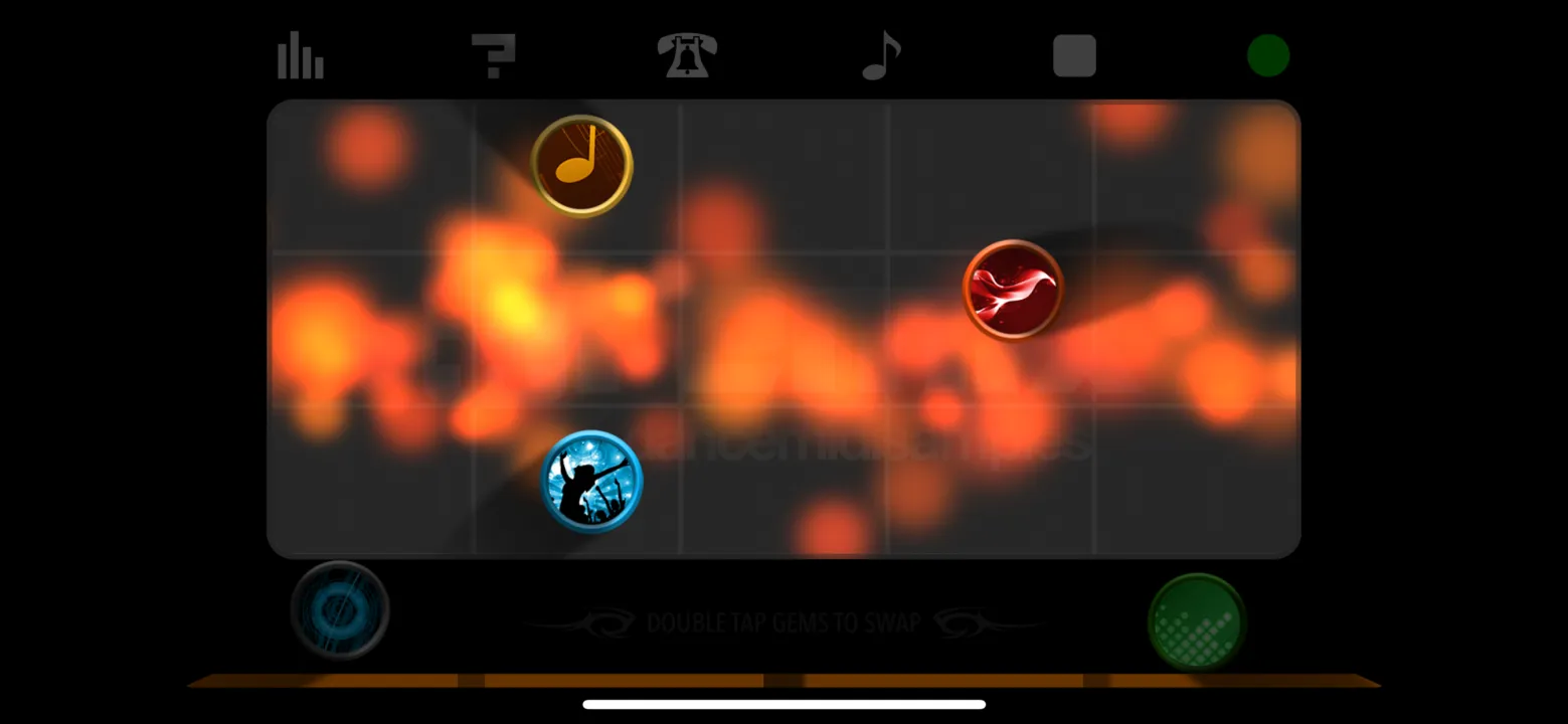 Gold, red and blue gems placed on the 5 by 3 grid while an orange visualizer glows behind them