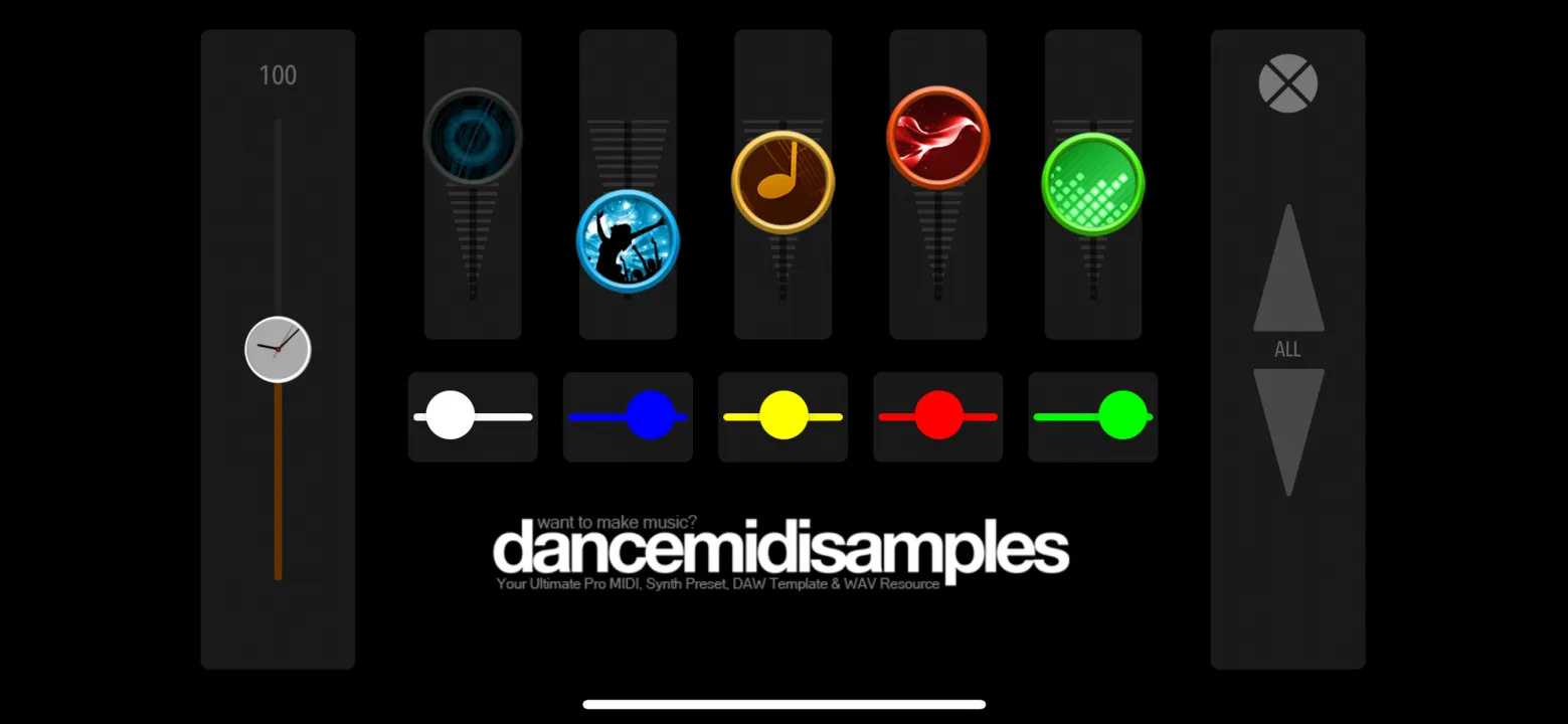 The mixer: a volume fader and pan slider for each of the five gems, plus a tempo control set to 100