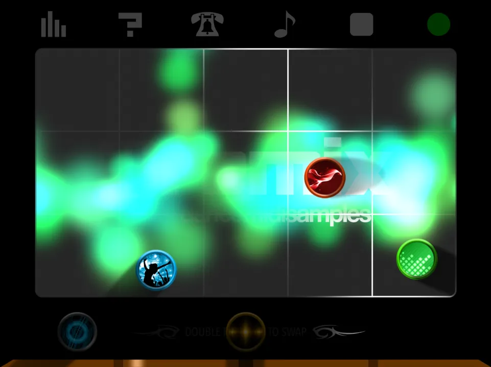 On iPad, blue, red and green gems on the grid with a green and cyan glow